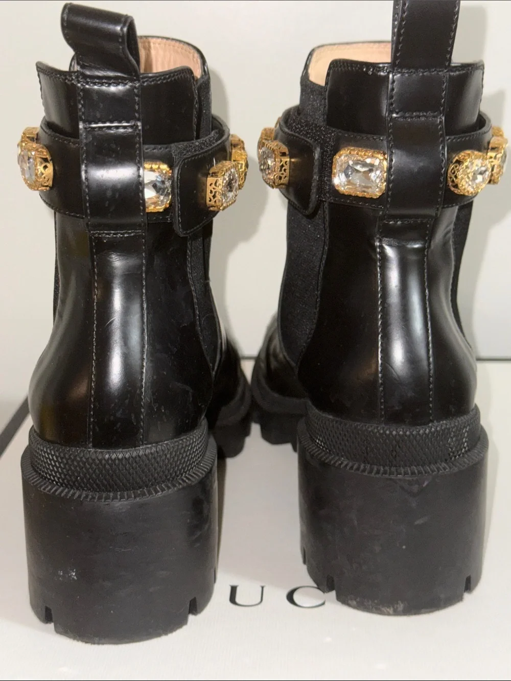 Gucci Black Leather Ankle Boots with Gold GG Logo Strap Vintage BBordeau